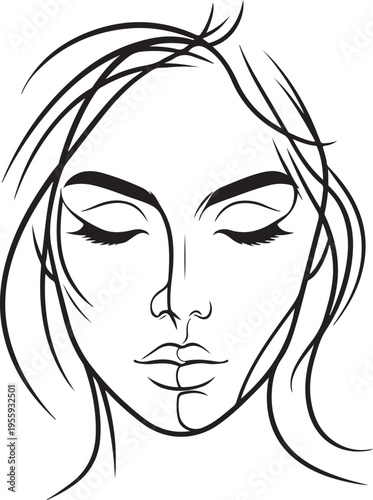 Serene portrait of a woman with closed eyes in a sketch style Vector, illustration