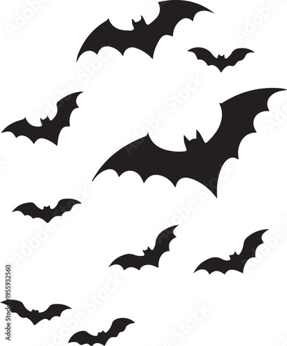 Flying silhouettes of bats against a white background in a scattered formation Vector, illustration