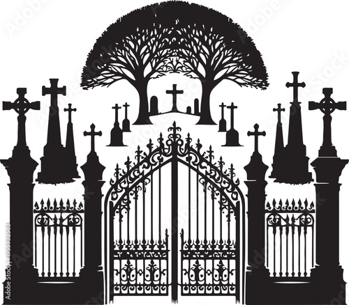 Elegant gothic cemetery gate with crosses and trees in silhouette Vector, illustration