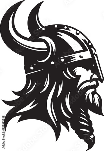Viking warrior donning a classic horned helmet with long beard Vector, illustration
