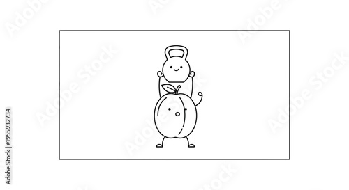 Cute cartoon peach lifting a kettlebell, healthy lifestyle, fitness, and nutrition concept