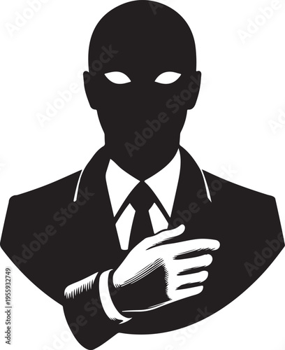 Mysterious figure in formal attire with clasped hands and masked face Vector, illustration