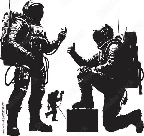 Astronauts in vintage space suits engaging in a lunar surface activity Vector, illustration