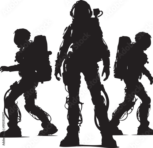 Three stylized humanoid figures in dynamic poses with backpacks and helmets Vector, illustration
