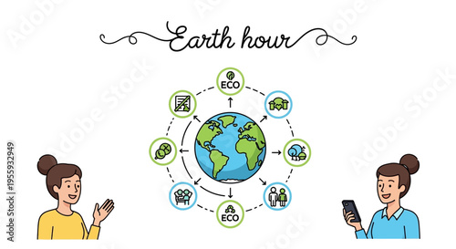 Illustration of two women with smartphones participating in Earth Hour, a global environmental campaign to save energy and reduce carbon footprint with eco-friendly lifestyle icons.