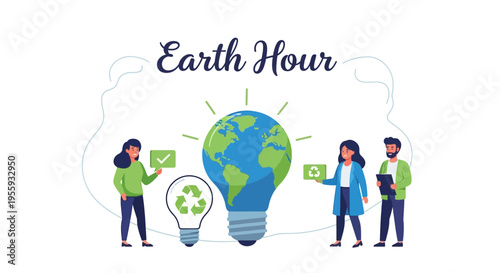 Illustration of people participating in Earth Hour campaign by switching off lights to promote environmental protection and sustainability awareness.