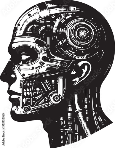 Cybernetic human head with intricate mechanical enhancements and futuristic technology Vector, illustration