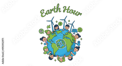 Illustration of diverse people around Earth with wind turbines and eco-friendly symbols for Earth Hour campaign promoting global environmental awareness and sustainability.