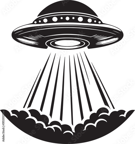 Mysterious flying saucer hovering over a field of small spherical objects Vector, illustration