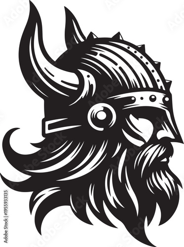 Viking warrior with elaborate horned helmet and beard Vector, illustration