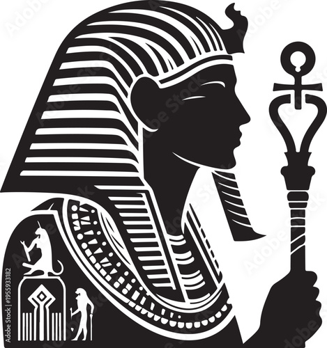 Egyptian queen holding the ankh symbol with traditional headdress and attire Vector, illustration