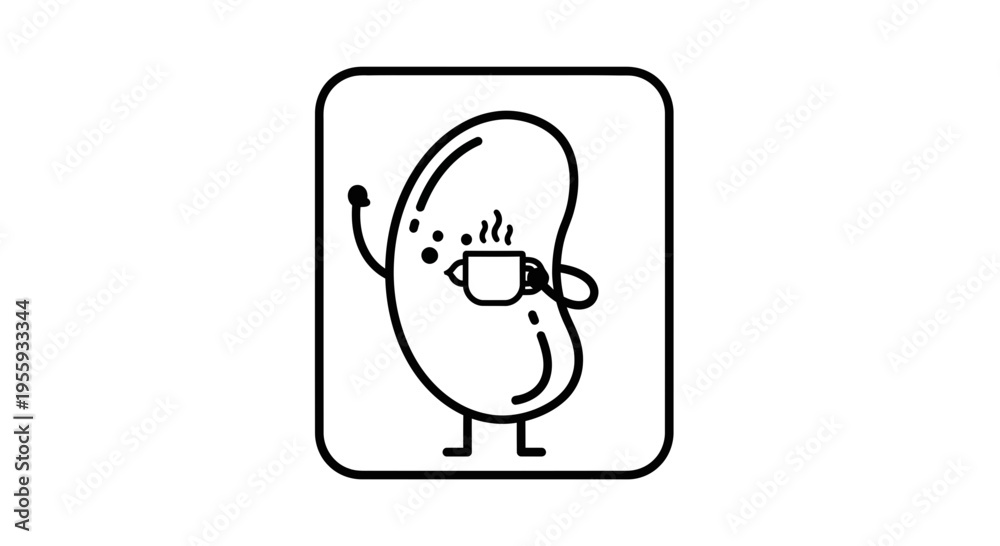 Fototapeta premium Cute Bean Character Holding a Hot Coffee Cup, Waving Hello