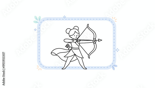 Cute Archer Girl Coloring Page with Bow and Arrow, Zodiac Sign Sagittarius