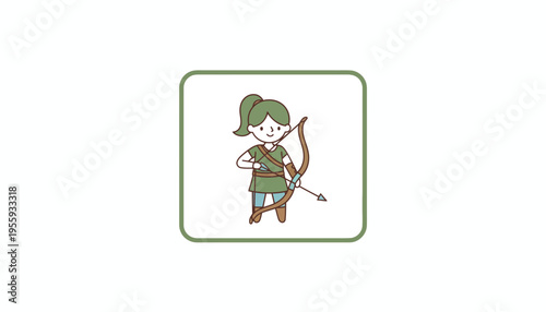Cute Archer Girl Icon with Bow and Arrow, Cartoon Style, Green Tunic
