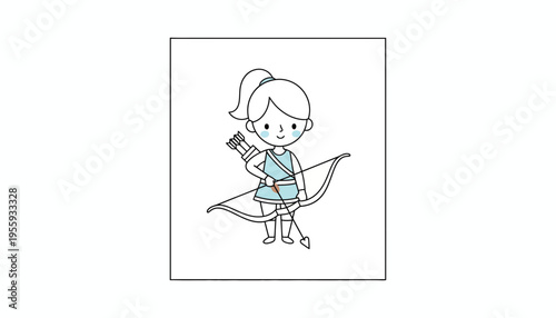 Cute Archer Girl with Bow and Arrows, Cartoon Style, Zodiac Sagittarius Symbol