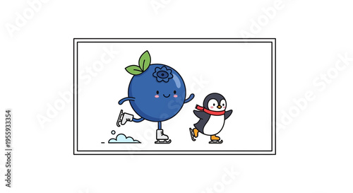 Cute Blueberry and Penguin Ice Skating Together