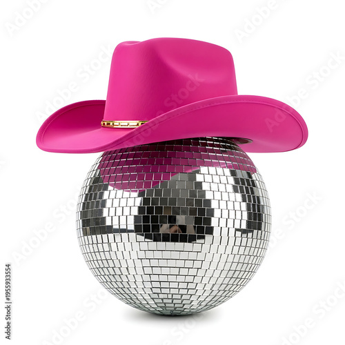 Pink cowboy hat on a silver disco ball