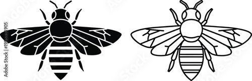 Bee Silhouette and Outline Icon Set Vector