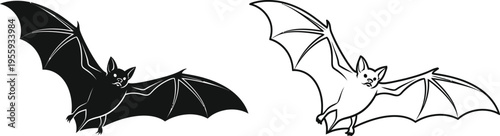 Flying Bat Silhouette and Line Art Vector Icons Vector