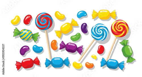 Colorful Assorted Candies and Lollipops Collection, Sweet Treats, Isolated on White Background