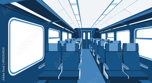 Empty Train Interior with Rows of Blue Seats and Windows - Travel Concept