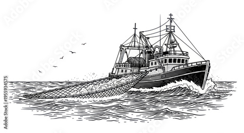 Fishing Trawler Boat Dredging Net on Rough Sea, Seagulls Flying Overhead