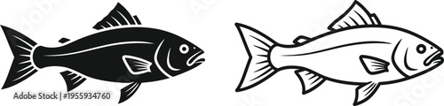 Fish Silhouette and Outline Vector Icon Set Vector