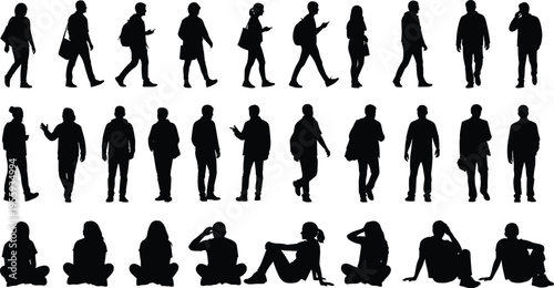 Diverse people silhouettes collection walking, standing and sitting poses isolated on white background for lifestyle, urban crowd and daily activity concept