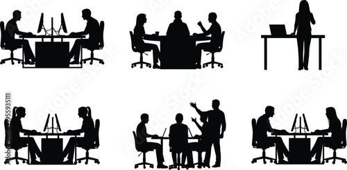 Office people silhouettes working on computers, meeting and collaborating at desks isolated on white background for business workplace teamwork concept