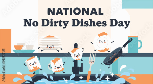 National no dirty dishes day illustration of Cartoon dishes in chaotic kitchen with dirty dishes in messy playful lighting for culinary advertising