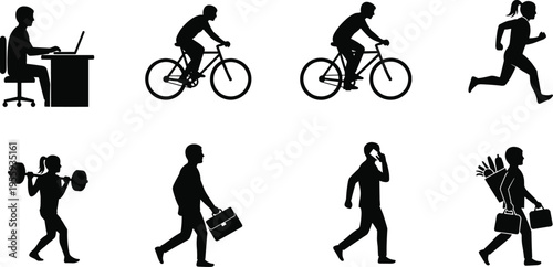 People lifestyle silhouettes showing work, fitness, cycling, running and daily activities isolated on white background for healthy life and routine concept