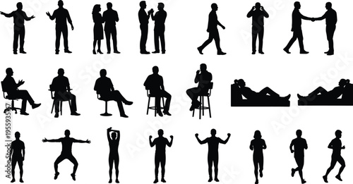 People silhouettes collection showing communication, sitting, relaxing and fitness poses isolated on white background for lifestyle, interaction and activity concept