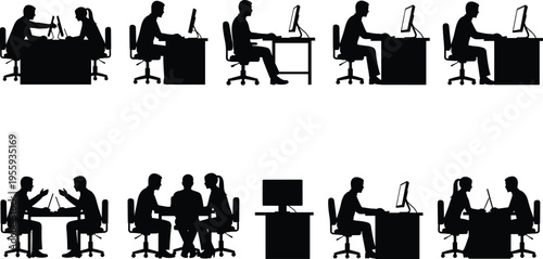 Office workers silhouettes set using computers, meeting, discussing and collaborating at desks isolated on white background for business workplace concept