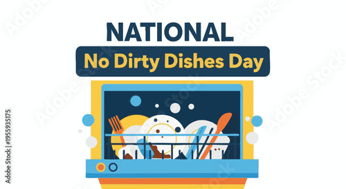 Dirty dishes in dishwasher on National No Dirty Dishes Day in playful colorful illustration for kitchen decor