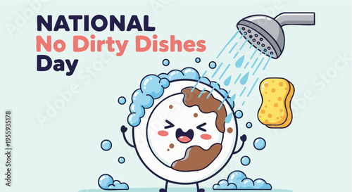 National no dirty dishes day illustration of Cartoon dirty dish with shower and sponge taking a shower  in playful frustrated mood with bright colors for kitchen and cleaning advertising