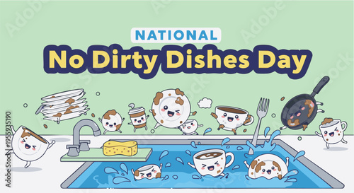 Cartoon kawai dishes  characters in playful kitchen setting with dirty  dishes for National No Dirty Dishes Day in colorful illustration