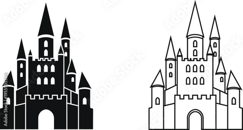 Fantasy Castle Silhouette and Outline Icon Set Vector