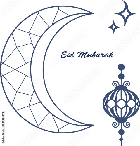Clean Eid Mubarak Banner with Faceted Crescent and Serif Font Design.