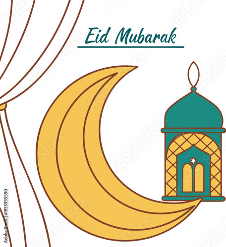 Elegant Eid Mubarak Card with Golden Crescent and Lantern Arch Design.
