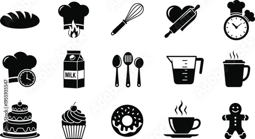 Bakery And Kitchen Icon Set Featuring Cake Cupcake Donut Bread Chef Hat Rolling Pin Whisk Milk Coffee And Gingerbread Man
