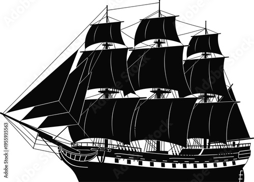 Detailed Silhouette Of A Vintage Sailing Ship Or Pirate Galleon For Nautical Maritime Adventure Sea Voyage History Exploration And