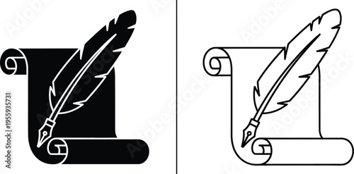 Feather Quill Pen and Paper Scroll Icon Set Vector