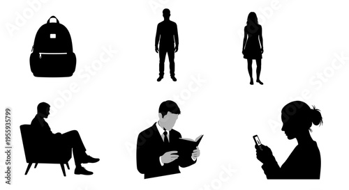 Silhouettes of people in various office and leisure activities with backpack