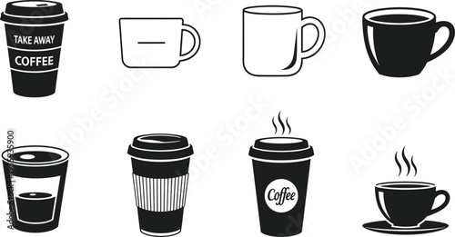 Takeaway coffee cup and ceramic mug icon collection with hot beverage silhouettes for cafe drink menu branding design