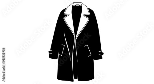 Elegant black coat with white fur lined collar and cuffs unzipped on white background