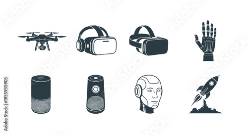 Various futuristic tech gadgets and devices in black and white icons