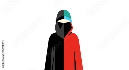Person wearing split color hoodie with contrasting black and red sides and hood up