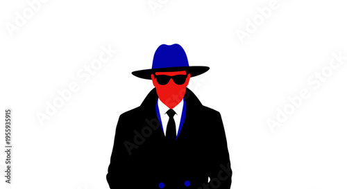 Mysterious man in black suit blue hat and red face wearing sunglasses formal outfit