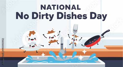 National no dirty dishes day illustration of Cartoon dishes jumping in sink with water splashing in playful colorful lighting for kitchen decor 