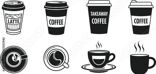 Takeaway coffee cup and espresso mug icon collection with latte drink silhouettes isolated for cafe beverage branding